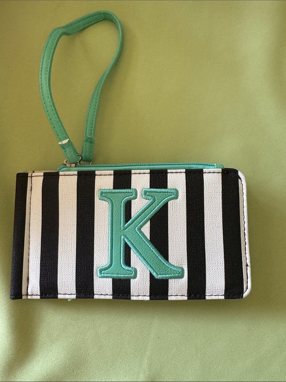 Monogram K Black & White Stripe Wristlet with Mint Accent
